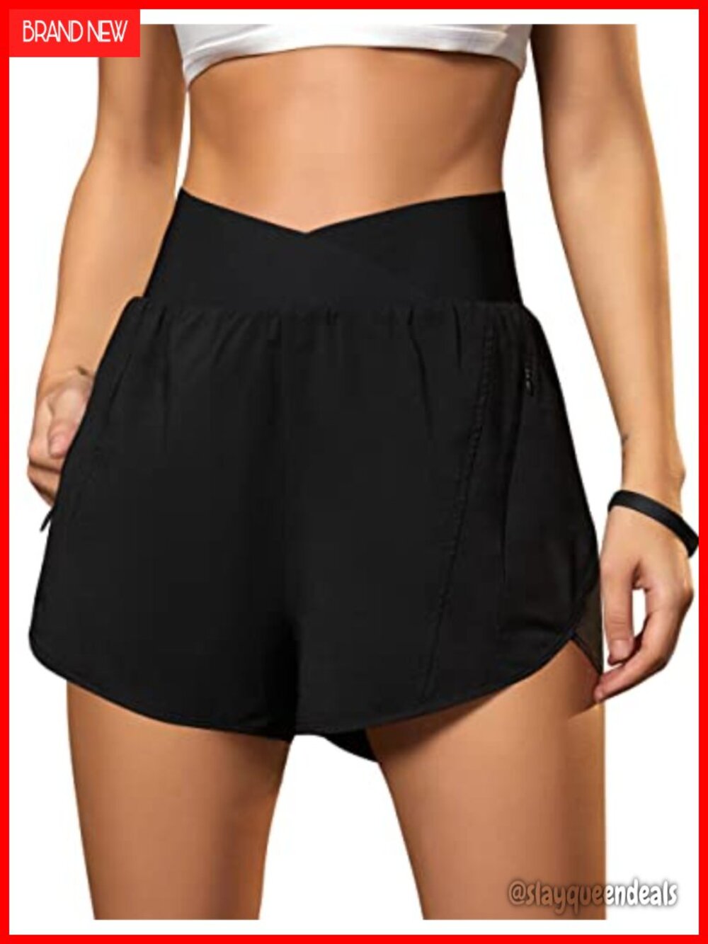 Women's Crossover Waist Running Shorts 2.5" High Rise Zipper Pocket Athletic Gym